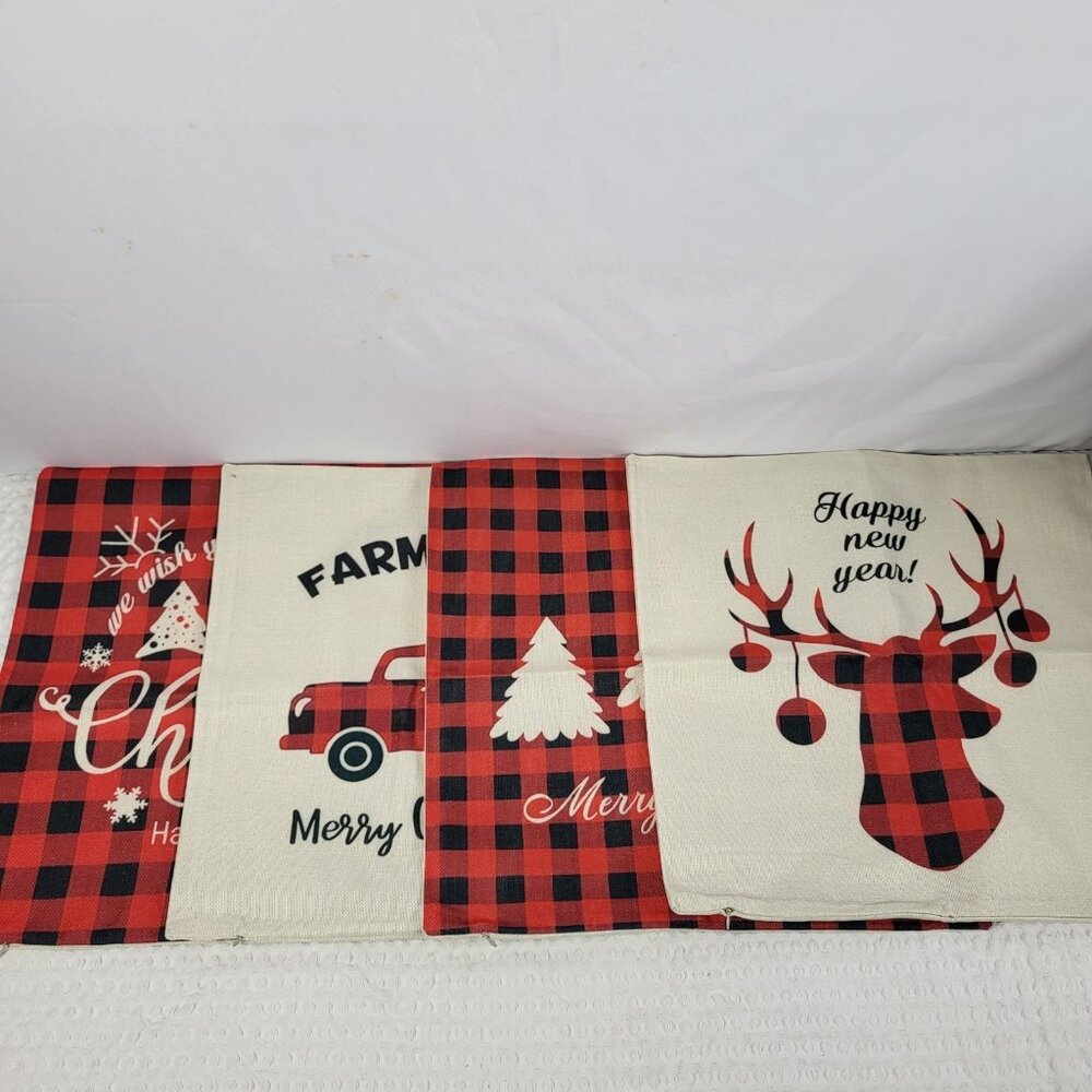 Lot Of Four Christmas‎ Pillow Covers Buffalo Plaid 18" Zipper Closure New